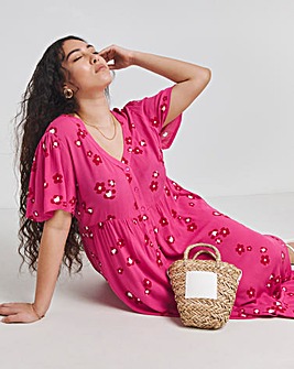 Pink Floral Crinkle Button Through Maxi Dress With Pockets