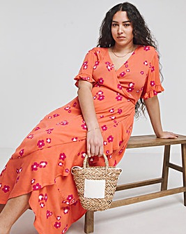 Orange Floral Print Crinkle Wrap Midi Dress