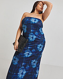 Blue Printed Mesh Bandeau Maxi Dress