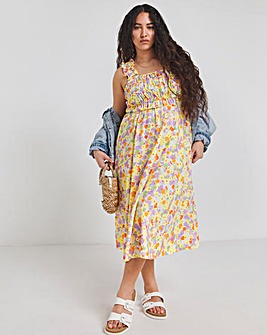 Floral Print Shirred Midi Sundress