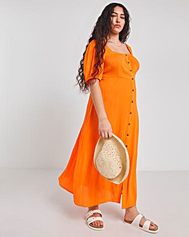 Orange Crinkle Button Through Midi Dress