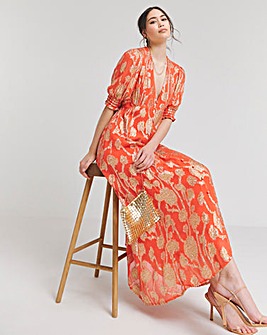 Orange/Gold Foil Jacquard Maxi Dress