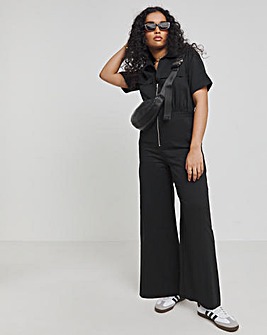 Black Zip Up Utility Twill Wide Leg Jumpsuit With Pockets