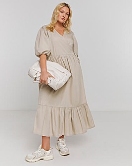 Stone Cotton Poplin Puff Sleeve Wrap Midi Dress