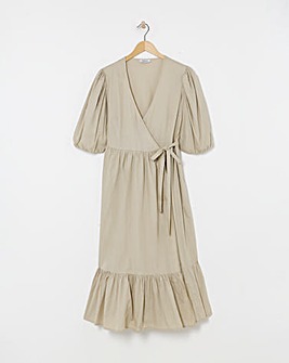 Stone Cotton Poplin Puff Sleeve Wrap Midi Dress