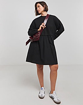 Black Relaxed Sweatshirt Poplin Mix Smock Dress