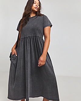 Grey Acid Wash Cotton Jersey Short Sleeve Pocket Midi Dress