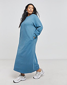 Blue Midi Sweatshirt Dress With Pockets