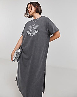 Acid Wash Cotton Jersey Graphic Short Sleeve Midi T-Shirt Dress