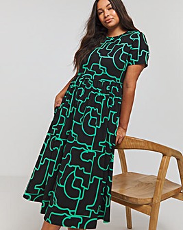 Green Print Short Sleeve Supersoft Pocket Midi Dress