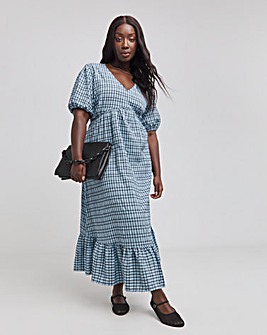 Blue Check Textured Short Sleeve Midi Dress