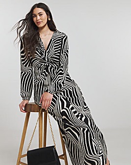 Mono Swirl Print Plisse Twist Front Midaxi Dress