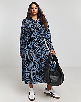 Blue Animal Long Sleeve Button Through Shirt Dress