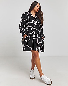 Black Print Long Sleeve Shirt Dress