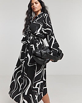 Black Print Long Sleeve Button Through Shirt Dress