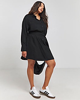 Black Tie Waist Long Sleeve Skater Shirt Dress