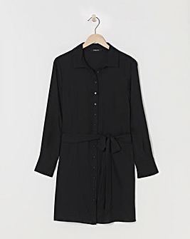 Black Tie Waist Long Sleeve Skater Shirt Dress