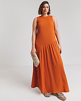 Burnt Orange Textured Jersey Asymmetric Maxi Dress With Tie Back