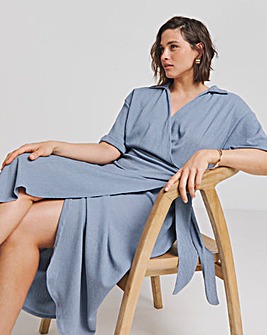 Blue Textured Jersey Collared Wrap Dress