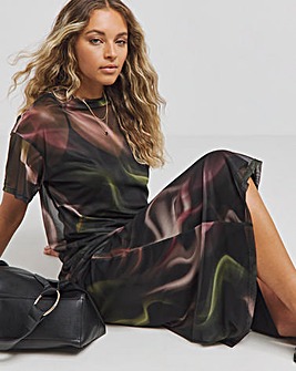 Multi Blurred Printed Mesh T-Shirt Dress