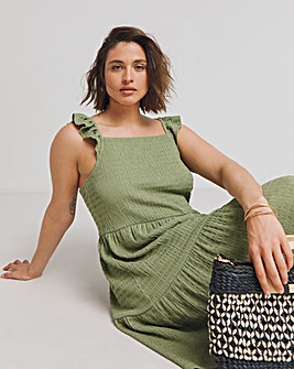 Khaki Textured Jersey Tiered Smock Dress With Frill Strap