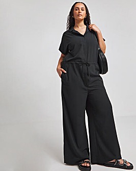 Black Button Up Wide Leg Jumpsuit With Pockets