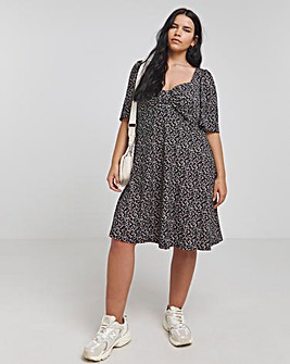 Ditsy Print Supersoft Knot Front Skater Dress