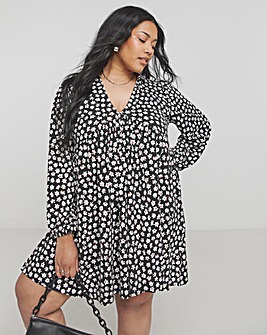 Black Ditsy Print Long Sleeve Supersoft Smock Dress