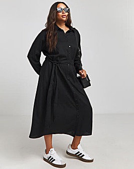 Black Tie Waist Long Sleeve Midi Shirt Dress