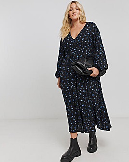 Blue Print Button Through V Neck Maxi Dress