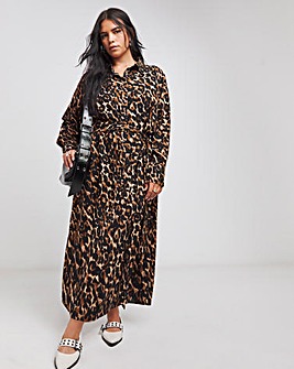 Leopard Printed Midi Shirt Dress With Tie Belt