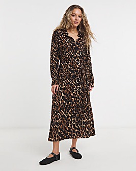 Leopard Printed Midi Shirt Dress With Tie Belt