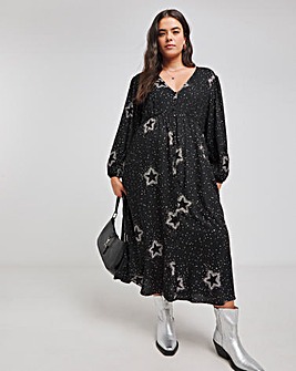 Black Star Print Button Through Midi Dress