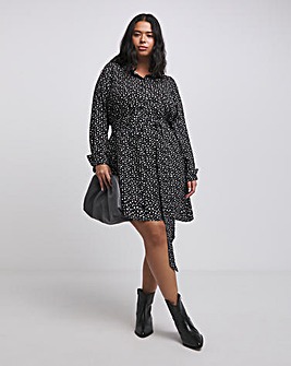 Star Print Long Sleeve Shirt Dress With Tie Belt