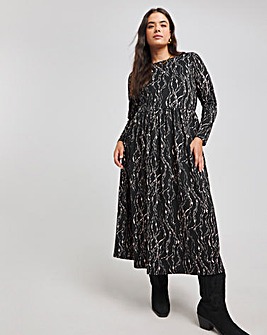 Black Print Supersoft Boat Neck Midi Dress