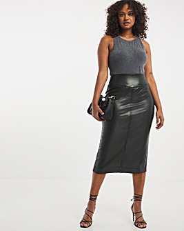 Faux Leather PU Pull On Pencil Skirt With Cosy Touch Lining