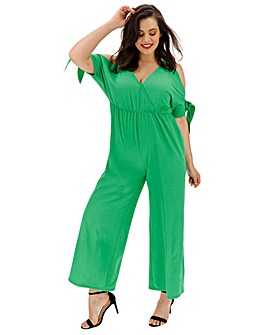 Green Cold Shoulder Wrap Front Jumpsuit with Tie Detail