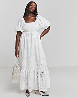 White Square Neck Broderie Maxi Dress