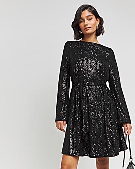 Black Sequin Skater Dress