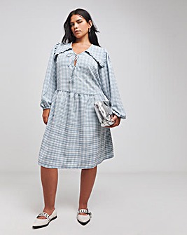 Blue Checked Collared Tie Front Smock Dress