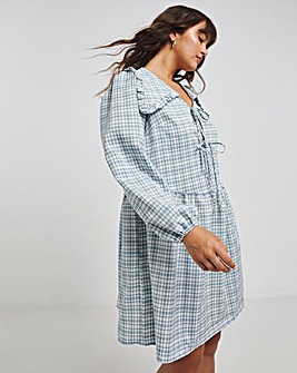 Blue Checked Collared Tie Front Smock Dress