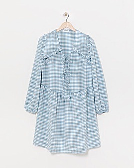 Blue Checked Collared Tie Front Smock Dress