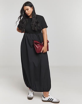 Black Jersey Poplin Mix Puffball Midi Dress