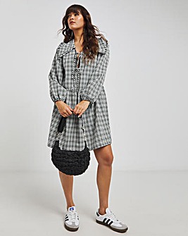 Mono Checked Collared Tie Front Smock Dress