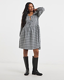 Mono Checked Collared Tie Front Smock Dress