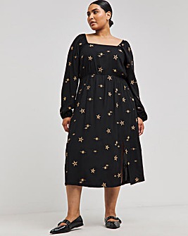 Black With Gold Star Embroidered Midi Dress