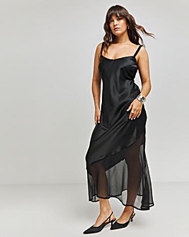 Black Satin Sheer Mix Slip Dress