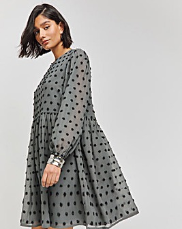 Grey Spot Oversized Dobby Long Sleeve Smock Dress