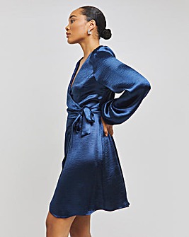 Blue Satin Tie Front Long Sleeve Dress