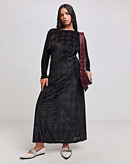 Black Check Velour Midi Dress